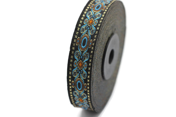 16 mm Blue Jacquard trims 0.62 inches, medieval embroidered trim, medieval ribbon, woven ribbon, woven jacquard sewing trim 16912