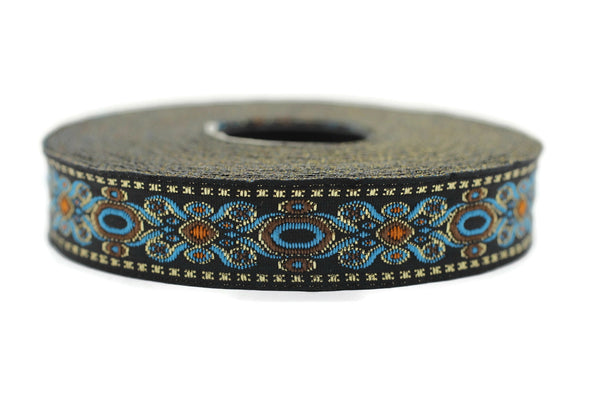 16 mm Blue Jacquard trims 0.62 inches, medieval embroidered trim, medieval ribbon, woven ribbon, woven jacquard sewing trim 16912