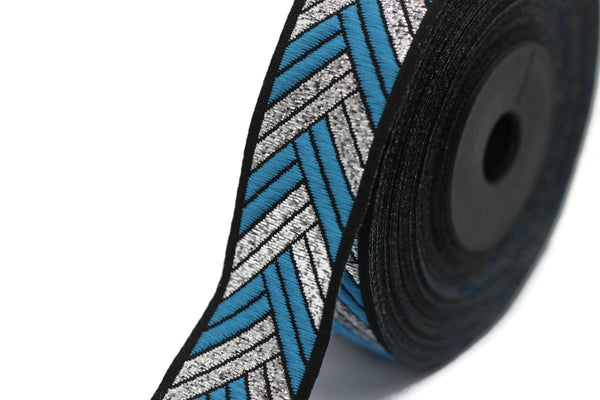 22 mm Blue Metallic Ribbon, 0.86 inches, jacquard ribbon, craft supplies, vintage trim, sewing supplies, ribbons, jacquard trim, 22133