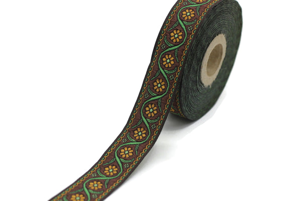 22 mm Brown Floral Embroidered ribbon (0.86 inches), Vintage Jacquard, Floral ribbon, Floral trim, woven jacquard, jacquard ribbons, 22938