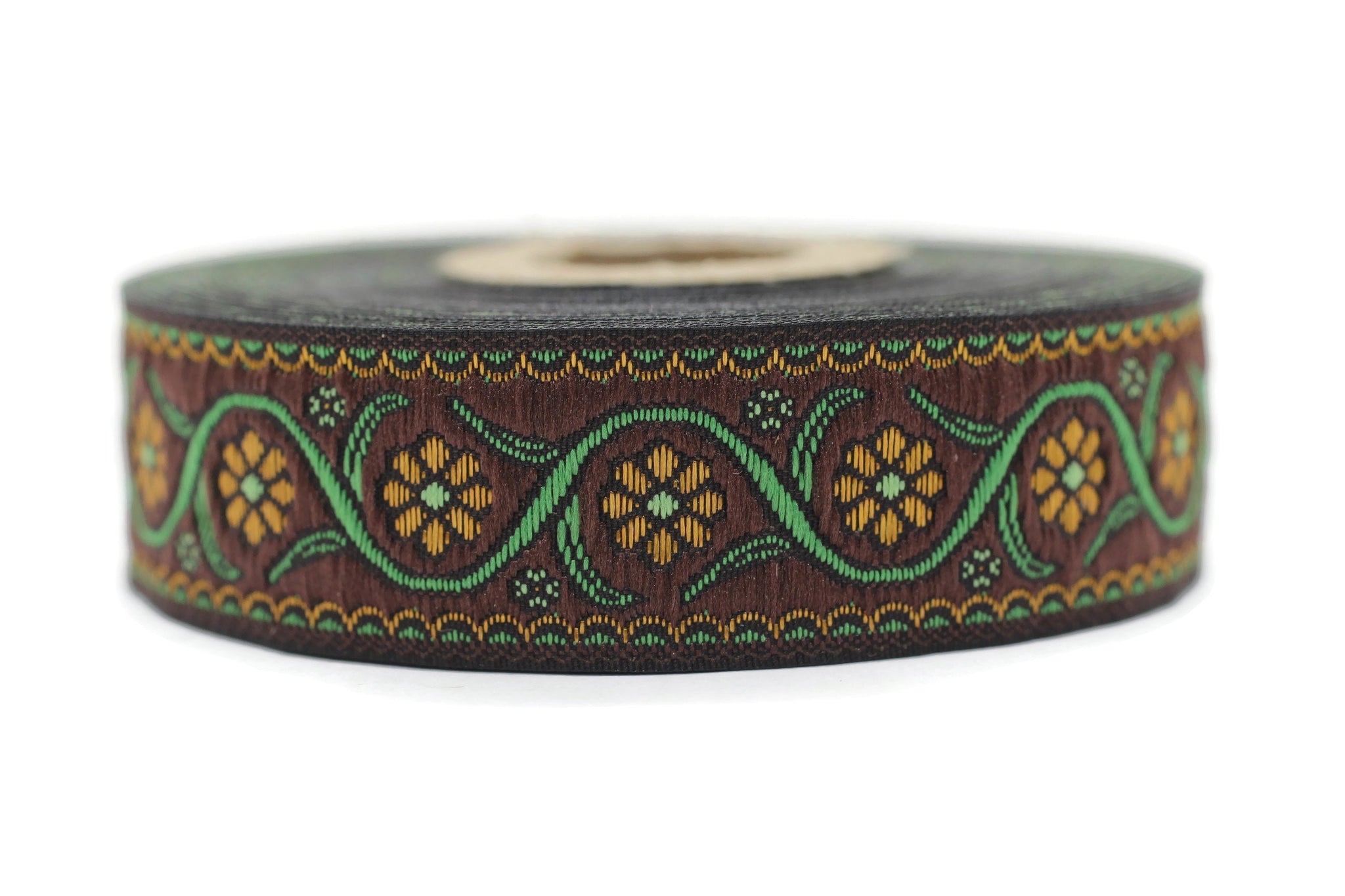 22 mm Brown Floral Embroidered ribbon (0.86 inches), Vintage Jacquard, Floral ribbon, Floral trim, woven jacquard, jacquard ribbons, 22938