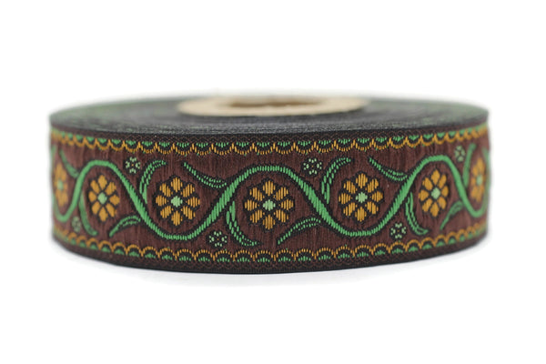 22 mm Brown Floral Embroidered ribbon (0.86 inches), Vintage Jacquard, Floral ribbon, Floral trim, woven jacquard, jacquard ribbons, 22938