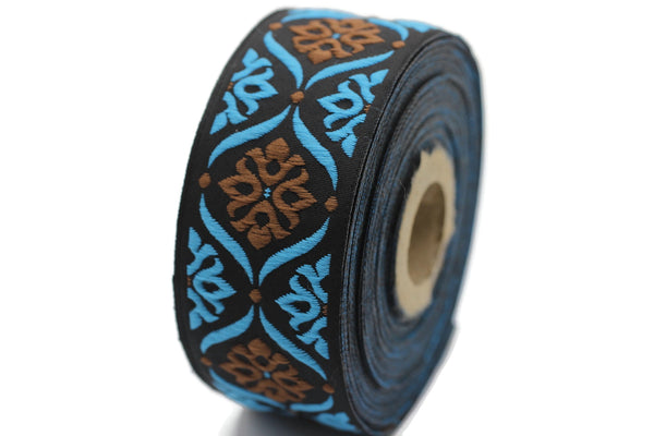 35 mm Brown/Blue Mediterranean Ribbon (1.37 inches), Jacquard ribbon, jacquard trim, fabric wide trims, craft supplies, trim, 35973