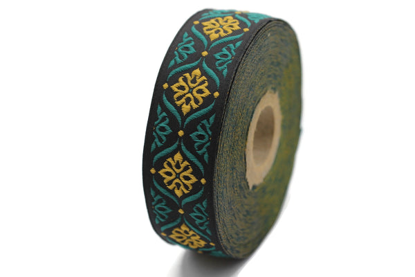 25 mm Green/Light Orange Mediterranean Ribbon (0.98 inches), Jacquard ribbons, jacquard trim, fabric wide trims, craft supplies, trim, 25973