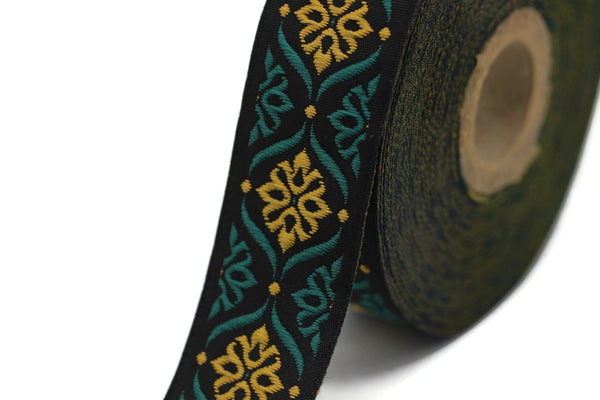 25 mm Green/Light Orange Mediterranean Ribbon (0.98 inches), Jacquard ribbons, jacquard trim, fabric wide trims, craft supplies, trim, 25973