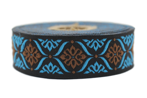 25 mm Brown/Blue Mediterranean Ribbon (0.98 inches), Jacquard ribbons, jacquard trim, fabric wide trims, craft supplies, trim, 25973