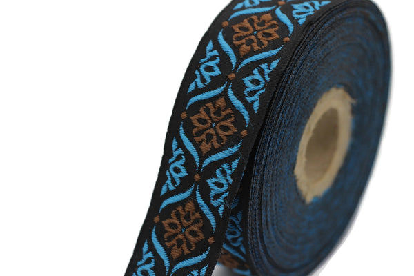 25 mm Brown/Blue Mediterranean Ribbon (0.98 inches), Jacquard ribbons, jacquard trim, fabric wide trims, craft supplies, trim, 25973