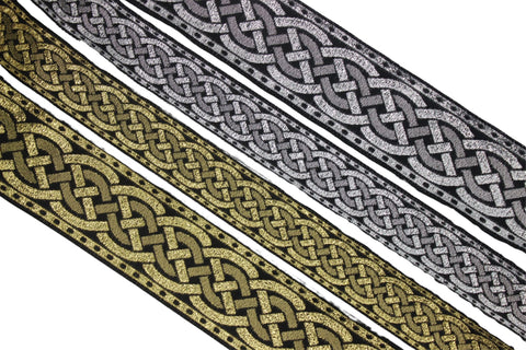 Metallic Gold and Silver Leprechaun Trim | Celtic Woven Border | Embroidered Woven Trimming | Jacquard Ribbon | Upholstery Fabric | CNK12