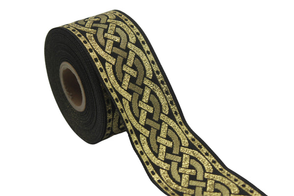 1.37 inch Metallic Gold Leprechaun Trim | Celtic Woven Border | 35 mm Woven Trimming | Jacquard Ribbon | Upholstery Fabric | CNK12