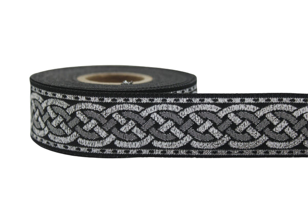 0.86 inch Metallic Silver Leprechaun Trim | Celtic Woven Border | 22 mm Woven Trimming | Jacquard Ribbon | Upholstery Fabric | CNK12