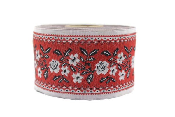 50 mm Red&White Floral Embroidered Ribbon, Woven Trim 1.96 inch, Jacquard Ribbon, Woven Ribbon, Jacquard Border Trim, OZV