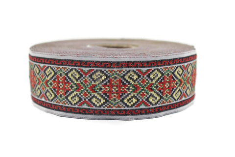 35 mm Red/White Geometric ribbon, Jacquard ribbon (1.37 inches), Decorative Craft Ribbon, Sewing trim, woven trim, embroidered ribbon, OZV