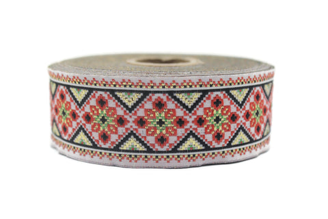 35 mm Red/White Geometric ribbon, Jacquard ribbon (1.37 inches), Decorative Craft Ribbon, Sewing trim, woven trim, embroidered ribbon, OZV