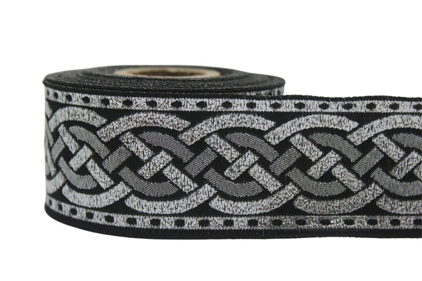 1.37 inch Metallic Silver Leprechaun Trim | Celtic Woven Border | 35 mm Woven Trimming | Jacquard Ribbon | Upholstery Fabric | CNK12