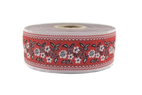 35 mm Red&White Floral Embroidered ribbon (1.37 inches), trim for sewing, Floral ribbon, Sewing trim, Jacquard trim, Jacquard ribbon, OZV
