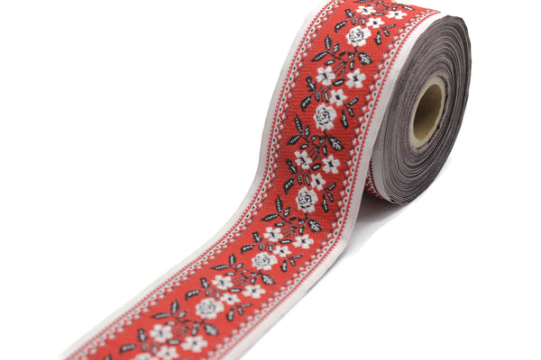 50 mm Red&White Floral Embroidered Ribbon, Woven Trim 1.96 inch, Jacquard Ribbon, Woven Ribbon, Jacquard Border Trim, OZV