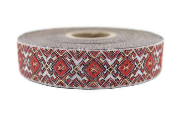 20 mm Red&White Geometric 0.78 (inch) | Geometric Ribbon | Embroidered Woven Geometric Ribbon | Jacquard Ribbon | 20 mm Wide | OZV
