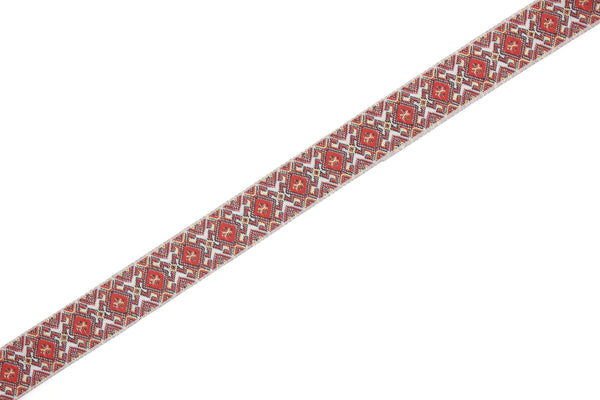 20 mm Red&White Geometric 0.78 (inch) | Geometric Ribbon | Embroidered Woven Geometric Ribbon | Jacquard Ribbon | 20 mm Wide | OZV