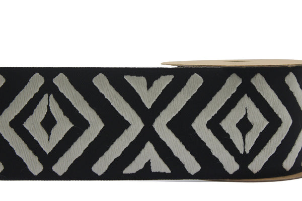 2.7" Embroidery Curtain Trim, Black and Cream Jacquard Ribbon for Curtains, Drapery Banding, Drapery Trim Tape, Woven Border 207 V7