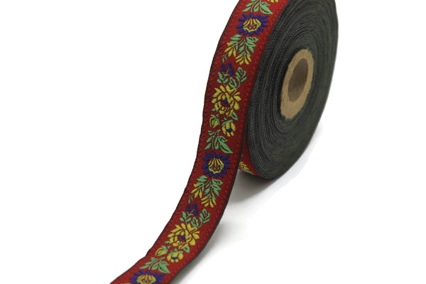 22 mm Floral Red Embroidered ribbon (0.86 inches), Vintage Jacquard, Floral ribbon, Floral trim, woven jacquard, jacquard ribbons, 22303