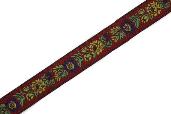 22 mm Floral Red Embroidered ribbon (0.86 inches), Vintage Jacquard, Floral ribbon, Floral trim, woven jacquard, jacquard ribbons, 22303