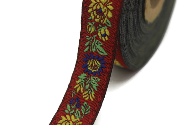 22 mm Floral Red Embroidered ribbon (0.86 inches), Vintage Jacquard, Floral ribbon, Floral trim, woven jacquard, jacquard ribbons, 22303