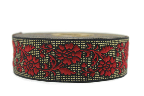 35 mm Gold&Red jacquard ribbon (1.37 inches), Vintage ribbon, floral ribbon, dog collar supplies, ribbon trim, rose ribbon 35304