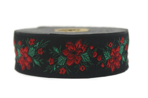 35 mm Red Black Floral jacquard ribbon (1.37 inches), Vintage ribbon, floral ribbon, dog collar supplies, ribbon trim, rose ribbon 35330
