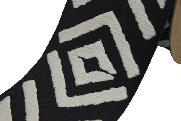 2.7" Embroidery Curtain Trim, Black and Cream Jacquard Ribbon for Curtains, Drapery Banding, Drapery Trim Tape, Woven Border 207 V7