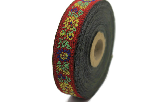 22 mm Floral Red Embroidered ribbon (0.86 inches), Vintage Jacquard, Floral ribbon, Floral trim, woven jacquard, jacquard ribbons, 22303