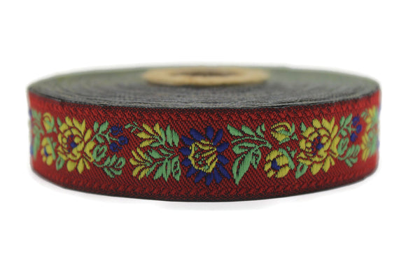 22 mm Floral Red Embroidered ribbon (0.86 inches), Vintage Jacquard, Floral ribbon, Floral trim, woven jacquard, jacquard ribbons, 22303
