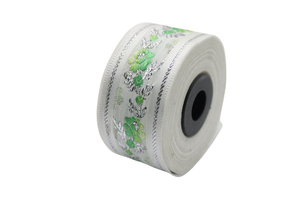 35 mm White Front Green&Silver Floral Jacquard ribbon (1.37 inch, Jacquard trim, Balkans Decorative Ribbon, Sewing Trim, Collar Trim, 35011