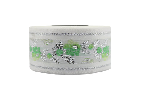 35 mm White Front Green&Silver Floral Jacquard ribbon (1.37 inch, Jacquard trim, Balkans Decorative Ribbon, Sewing Trim, Collar Trim, 35011