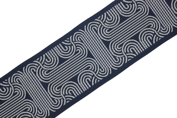 2.7" Embroidery Curtain Trim, Dark Blue and White Jacquard Ribbon for Curtains, Drapery Banding, Drapery Trim Tape, Woven Border 205 V7