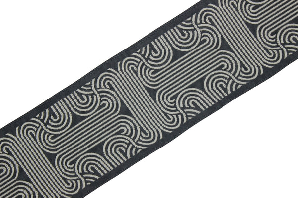 2.7" Embroidery Curtain Trim, Dark Grey and White Jacquard Ribbon for Curtains, Drapery Banding, Drapery Trim Tape, Woven Border 205 V6