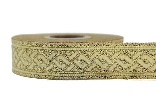 22 mm Metallic Gold Celtic Knot Jacquard Ribbons in 0.86", Spiral Style Woven Trim, Costume Embellishments, Irish Home Decor 22069