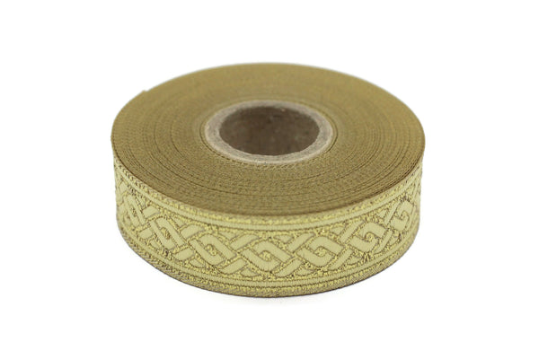 22 mm Metallic Gold Celtic Knot Jacquard Ribbons in 0.86", Spiral Style Woven Trim, Costume Embellishments, Irish Home Decor 22069