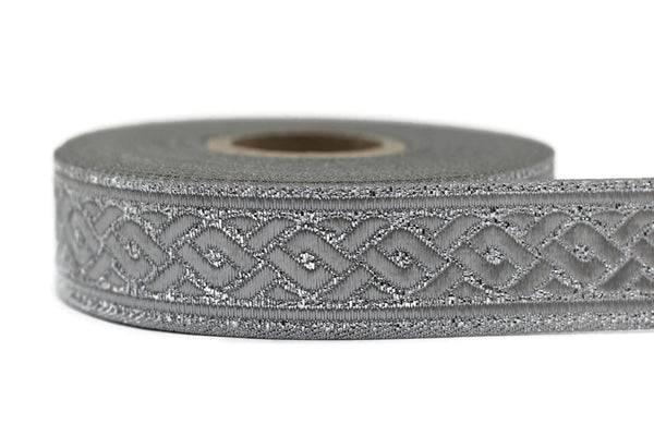 22 mm Metallic Silver Celtic Knot Jacquard Ribbons in 0.86", Spiral Style Woven Trim, Costume Embellishments, Irish Home Decor 22069