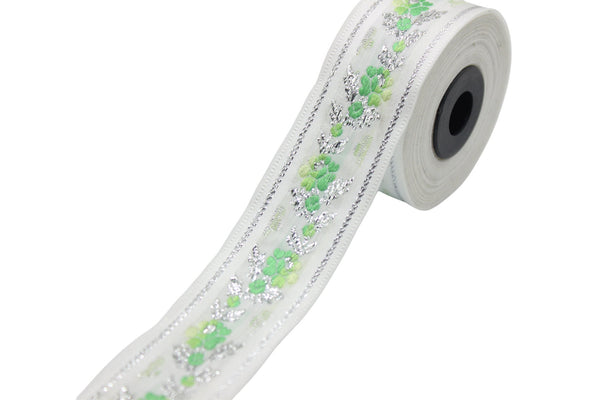 35 mm White Front Green&Silver Floral Jacquard ribbon (1.37 inch, Jacquard trim, Balkans Decorative Ribbon, Sewing Trim, Collar Trim, 35011