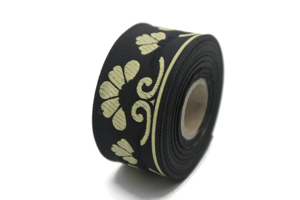 35 mm Gold&Black Jacquard ribbons 1.37 inches, daisy Style Jacquard trim, Jacquard ribbons, ribbon trim, 35093