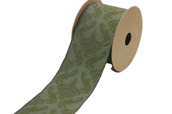 2.7" Embroidery Curtain Trim, Green Color Jacquard Ribbon for Curtains, Drapery Banding, Drapery Trim Tape, Woven Border 213 V7