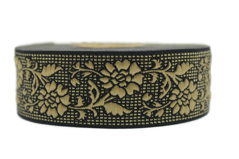 35 mm Gold&Black jacquard ribbon (1.37 inches), Vintage ribbon, floral ribbon, dog collar supplies, ribbon trim, rose ribbon 35304