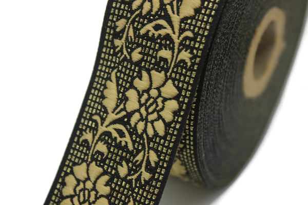 35 mm Gold&Black jacquard ribbon (1.37 inches), Vintage ribbon, floral ribbon, dog collar supplies, ribbon trim, rose ribbon 35304
