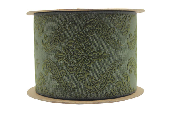 2.7" Embroidery Curtain Trim, Green Color Jacquard Ribbon for Curtains, Drapery Banding, Drapery Trim Tape, Woven Border 213 V7