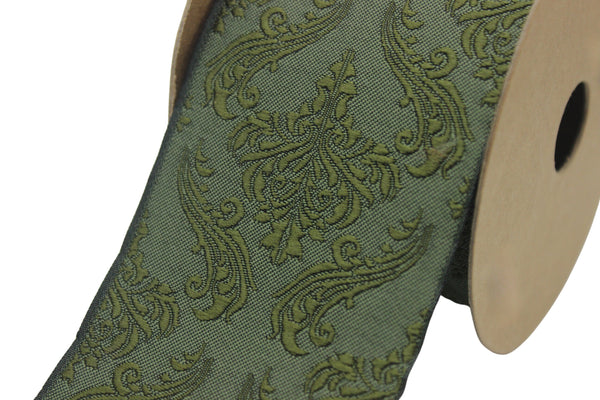 2.7" Embroidery Curtain Trim, Green Color Jacquard Ribbon for Curtains, Drapery Banding, Drapery Trim Tape, Woven Border 213 V7