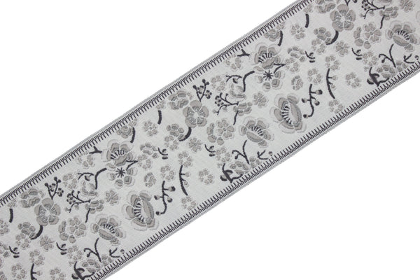 2.67" Grey Florals Trim Tape, Upholstery Trim, Fabric Trimmings, Drapery Banding Trim Tape, Jacquard Ribbon, curtain trim ideas 215 V1