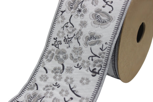 2.67" Grey Florals Trim Tape, Upholstery Trim, Fabric Trimmings, Drapery Banding Trim Tape, Jacquard Ribbon, curtain trim ideas 215 V1