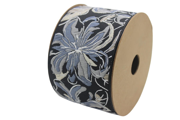 2.67" Gray Florals Trim Tape, Upholstery Trim, Fabric Trimmings, Drapery Banding Trim Tape, Jacquard Ribbon, curtain trim ideas 217 V6
