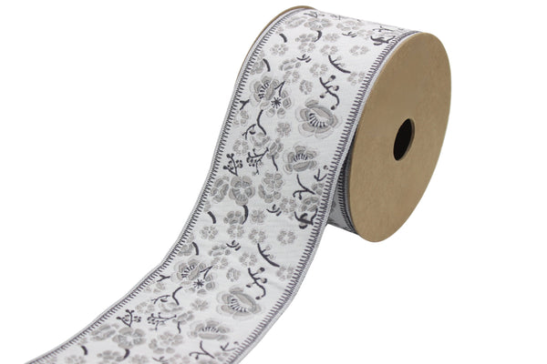 2.67" Grey Florals Trim Tape, Upholstery Trim, Fabric Trimmings, Drapery Banding Trim Tape, Jacquard Ribbon, curtain trim ideas 215 V1