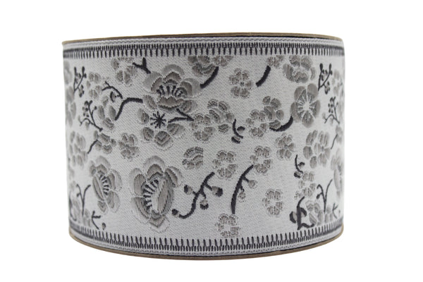 2.67" Grey Florals Trim Tape, Upholstery Trim, Fabric Trimmings, Drapery Banding Trim Tape, Jacquard Ribbon, curtain trim ideas 215 V1